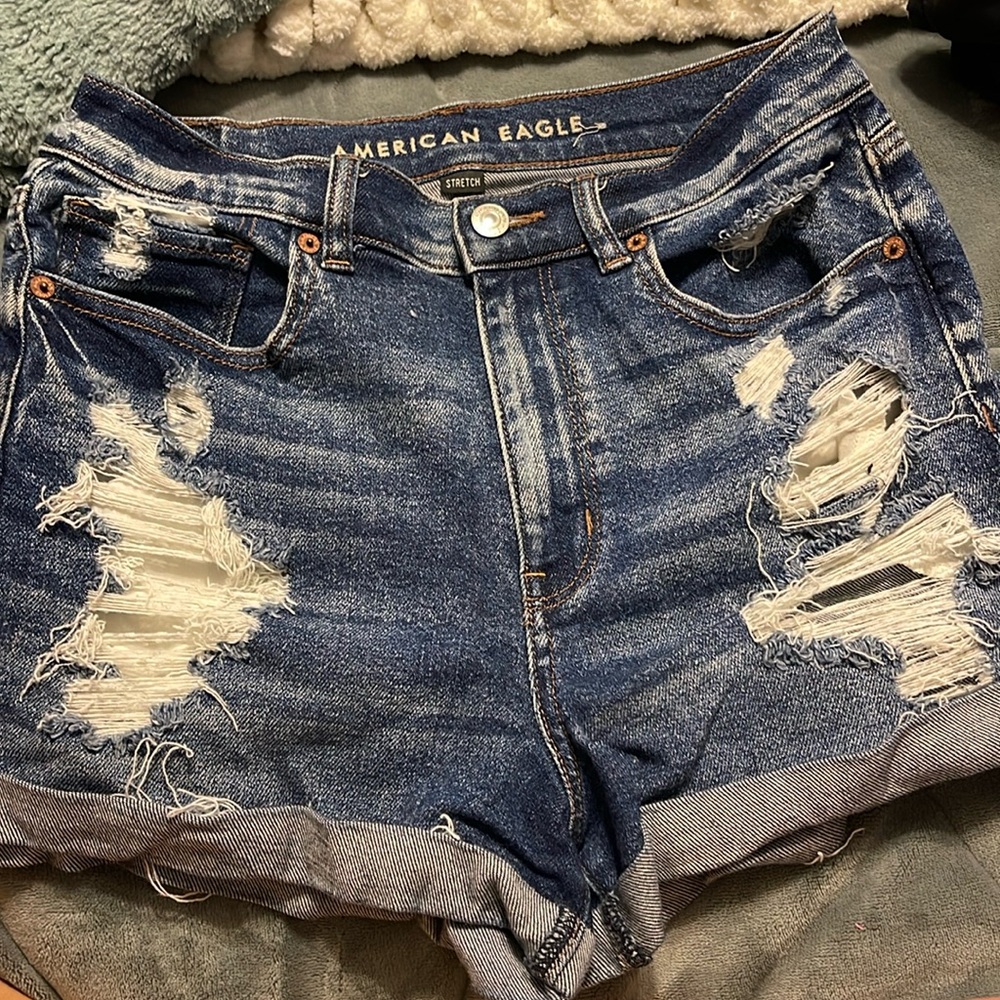 American Eagle Dark Washed Ripped Jean Shorts